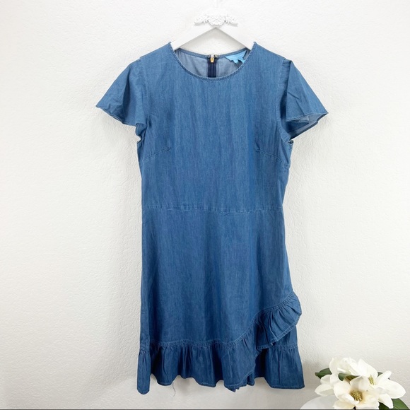 Draper James Chambray Faux Wrap Dress Blue  Ruffle Size 10 NWT - Picture 2 of 7